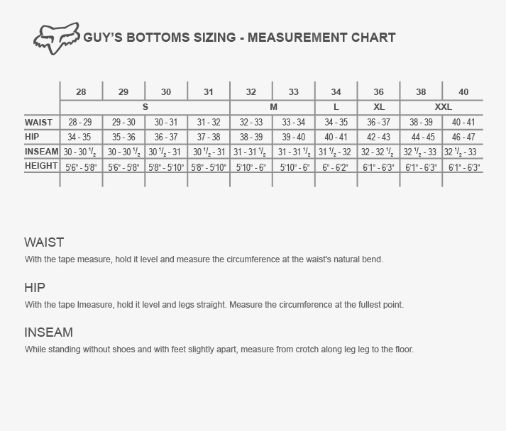 Таблица размеров шорты и штаны