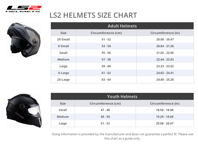 Таблица размеров шлемов LS2,взрослые и юношеские