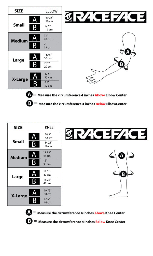 Таблица размеров налокотники и наколенники Race Face